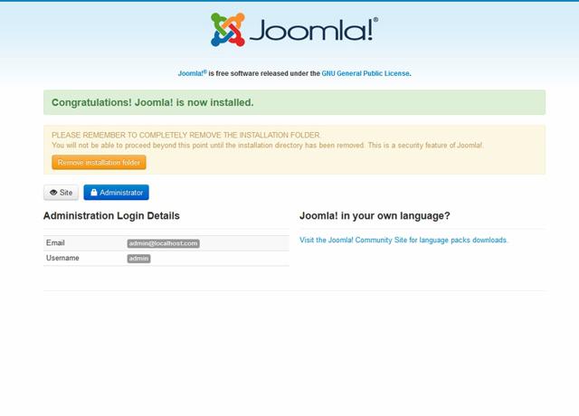 หน้าติดตั้งจูมล่า 3.0 อัลฟ่า 2 เมื่อติดตั้งเสร็จ ระบบก็จะแสดงข้อความ ให้เราทำการลบโฟลเดอร์ installation และแสดงลิงก์ให้เลือกเข้าถึงส่วนหน้าเว็บ